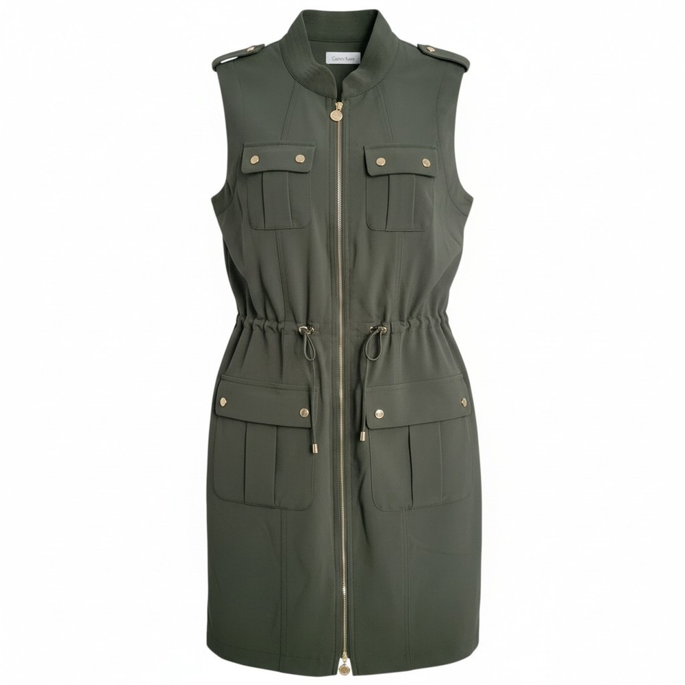 Calvin Klein Women Olive Sleeveless Zip-Front Drawstring Waist Knit Dress Size 8